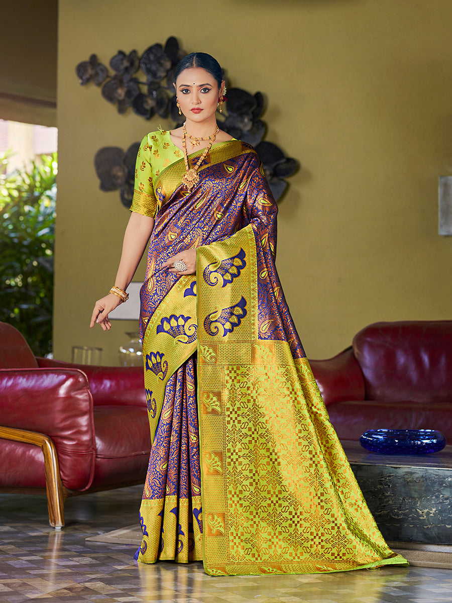 Blue & Yellow Banarasi Silk Woven Wedding Saree