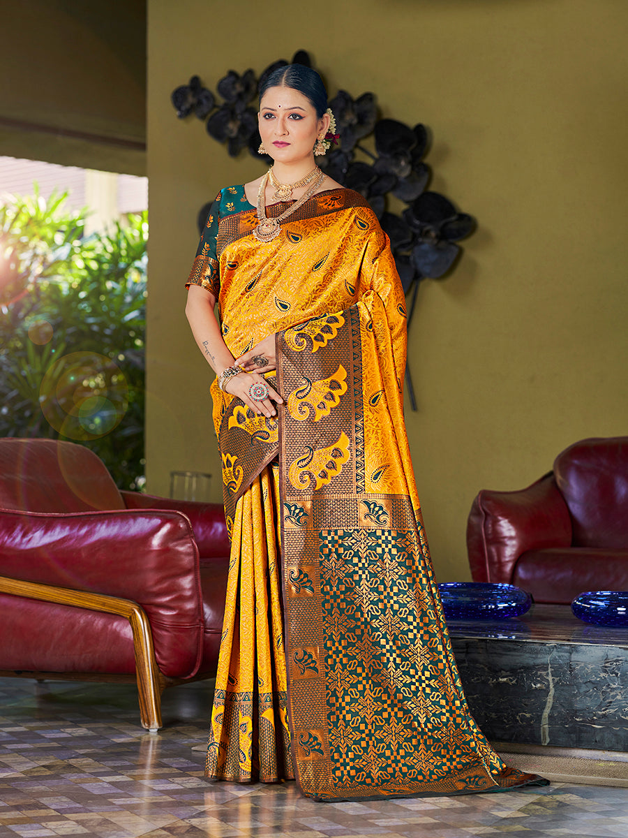 Mustard Yellow & Green Banarasi Silk Woven Wedding Saree