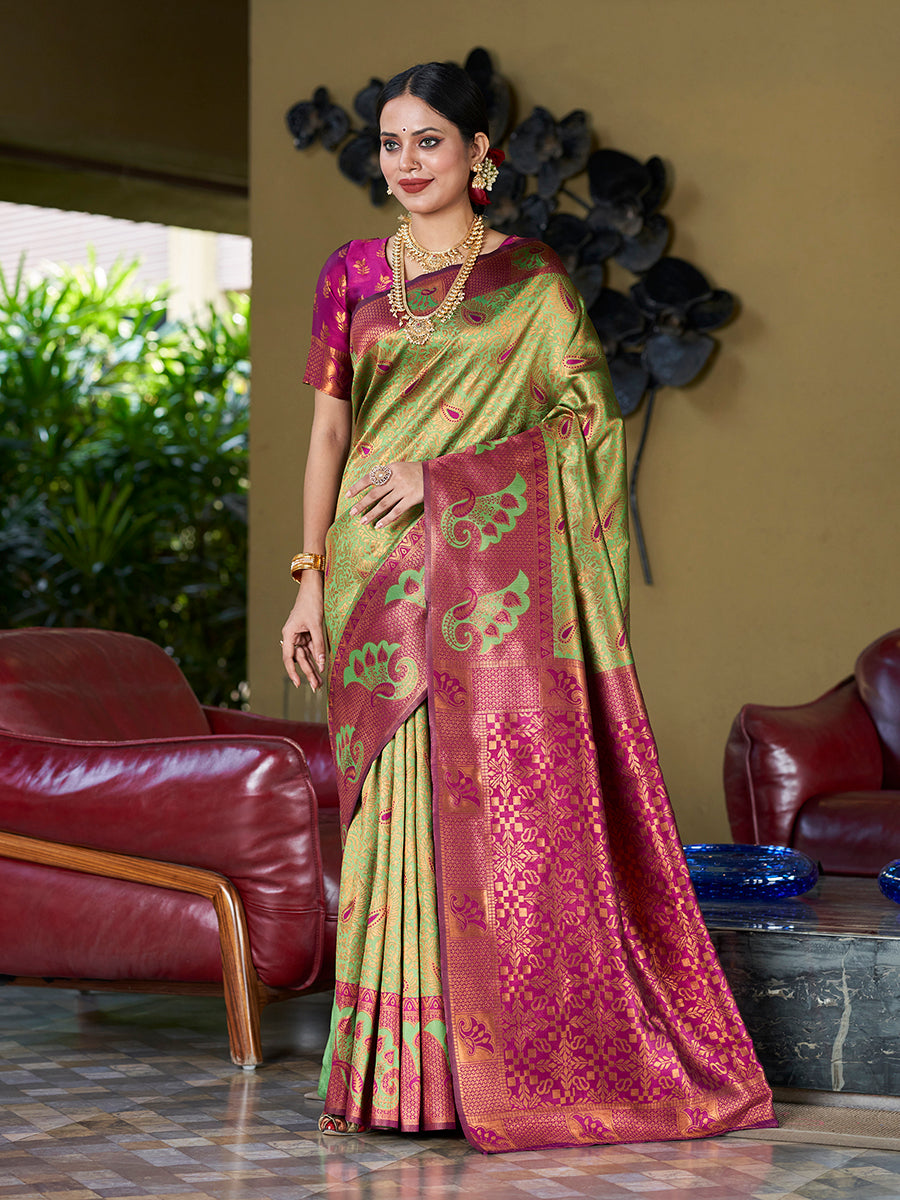 Light Green & Purple Banarasi Silk Woven Wedding Saree