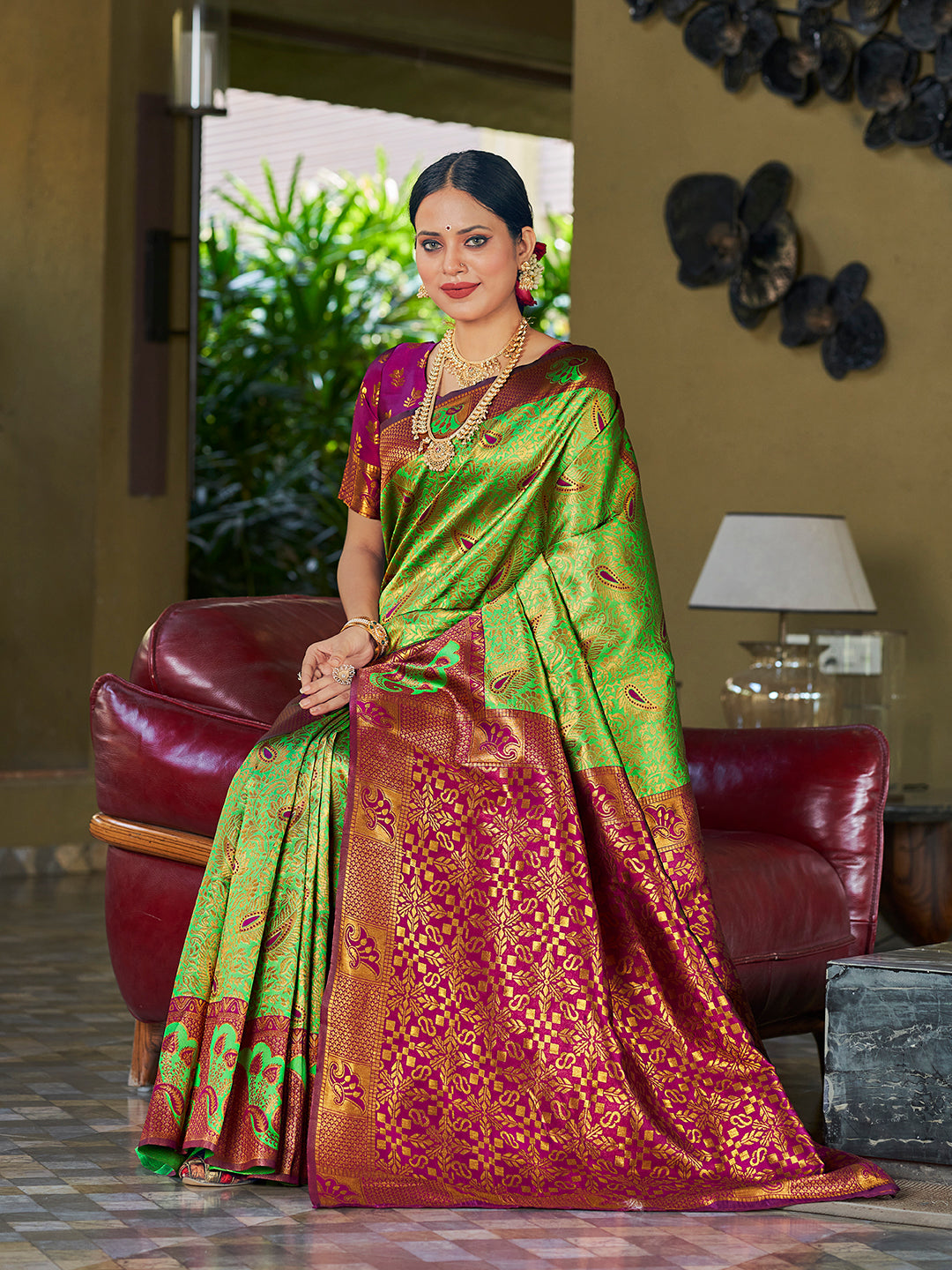 Light Green & Purple Banarasi Silk Woven Wedding Saree