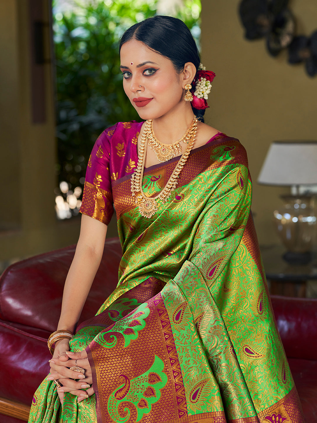 Light Green & Purple Banarasi Silk Woven Wedding Saree