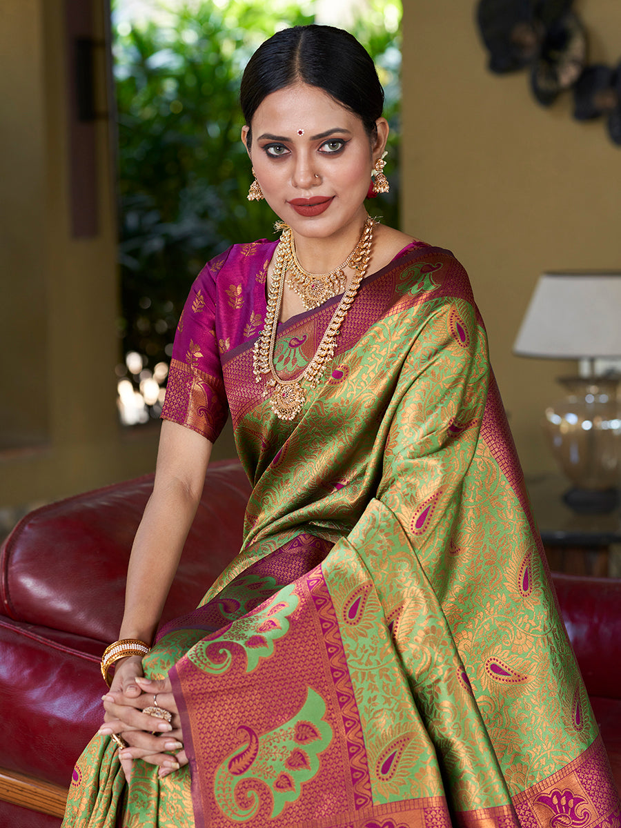 Light Green & Purple Banarasi Silk Woven Wedding Saree