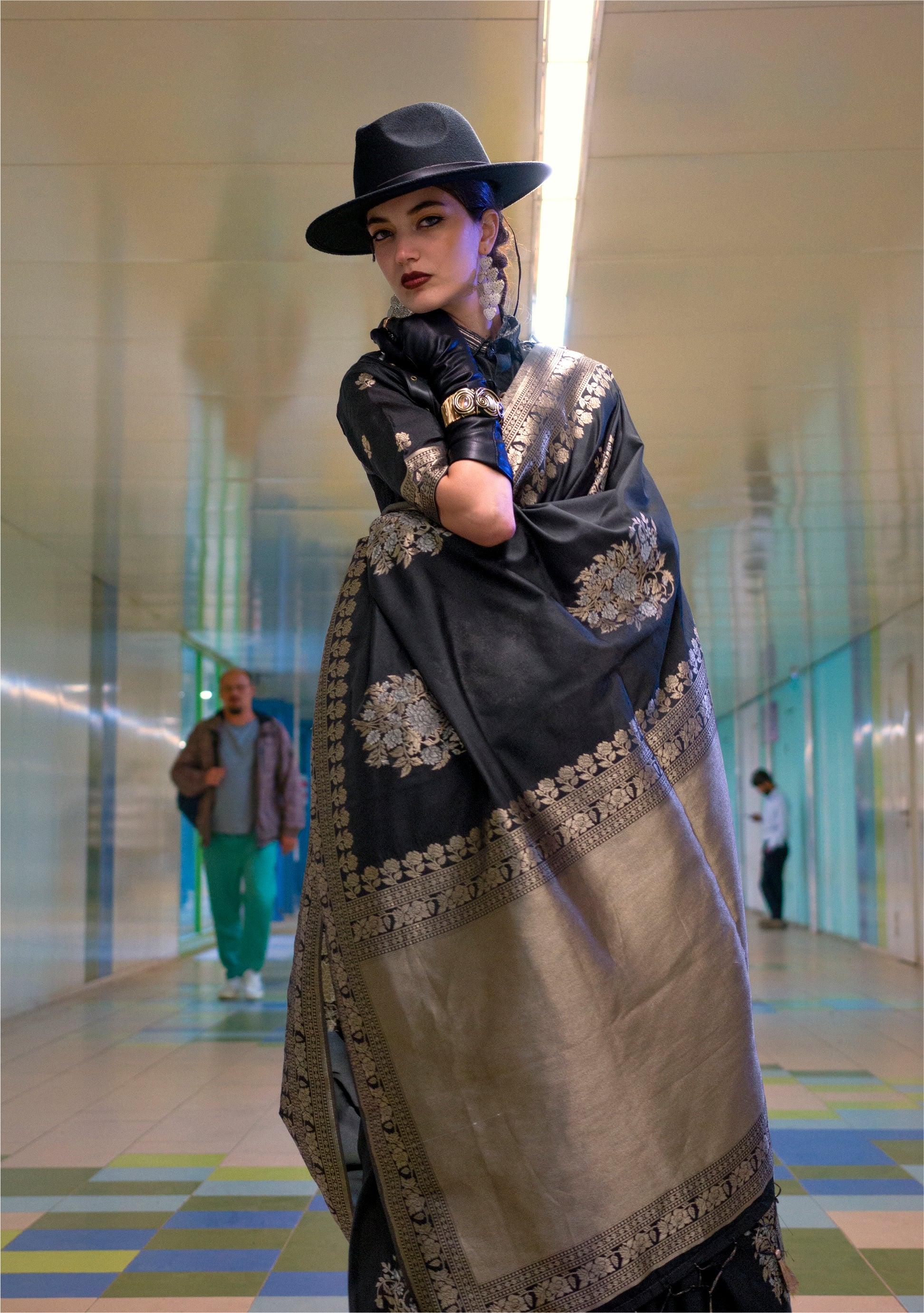 Black Katan Silk Handloom Woven Designer Saree