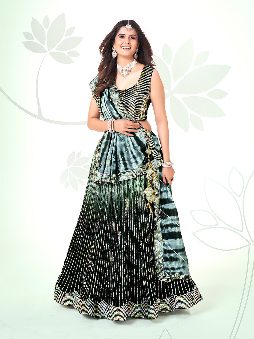 Black & Green Navratri Special Chinon Silk Lehenga Choli