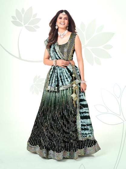 Black & Green Navratri Special Chinon Silk Lehenga Choli