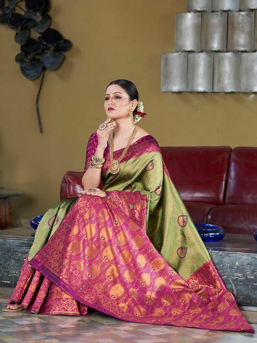 Green & Purple Banarasi Silk Zari Woven Wedding Saree
