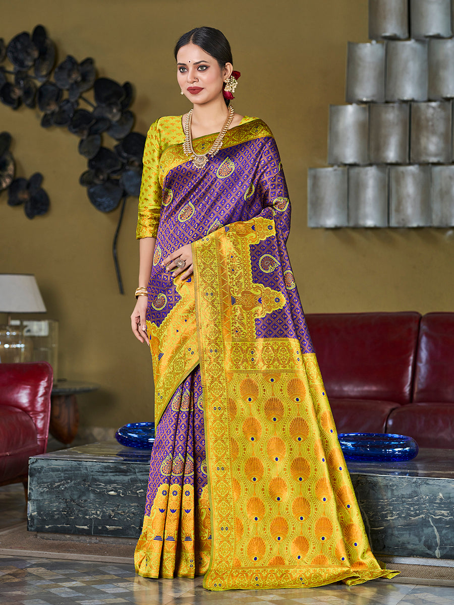 Navy Blue & Yellow Banarasi Silk Zari Woven Wedding Saree