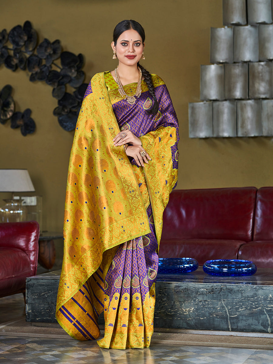 Navy Blue & Yellow Banarasi Silk Zari Woven Wedding Saree