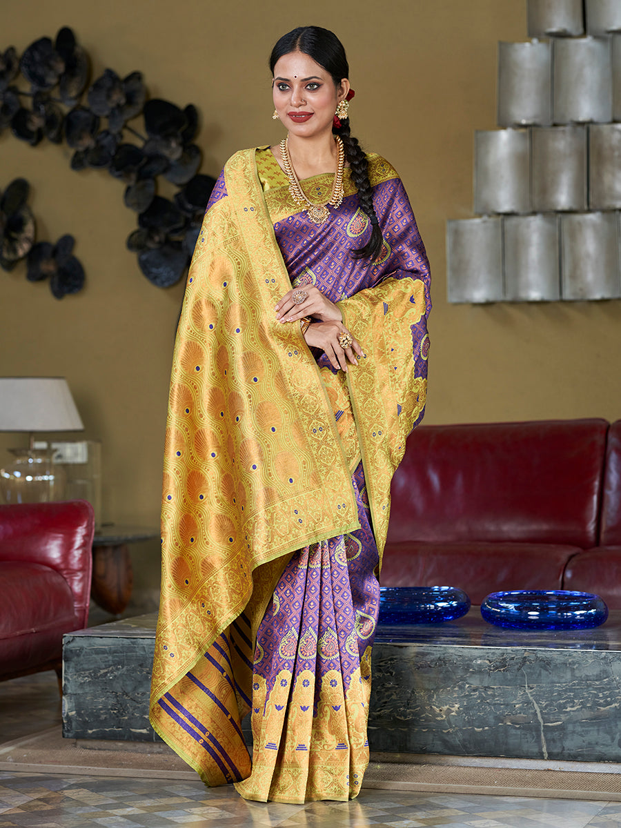 Navy Blue & Yellow Banarasi Silk Zari Woven Wedding Saree