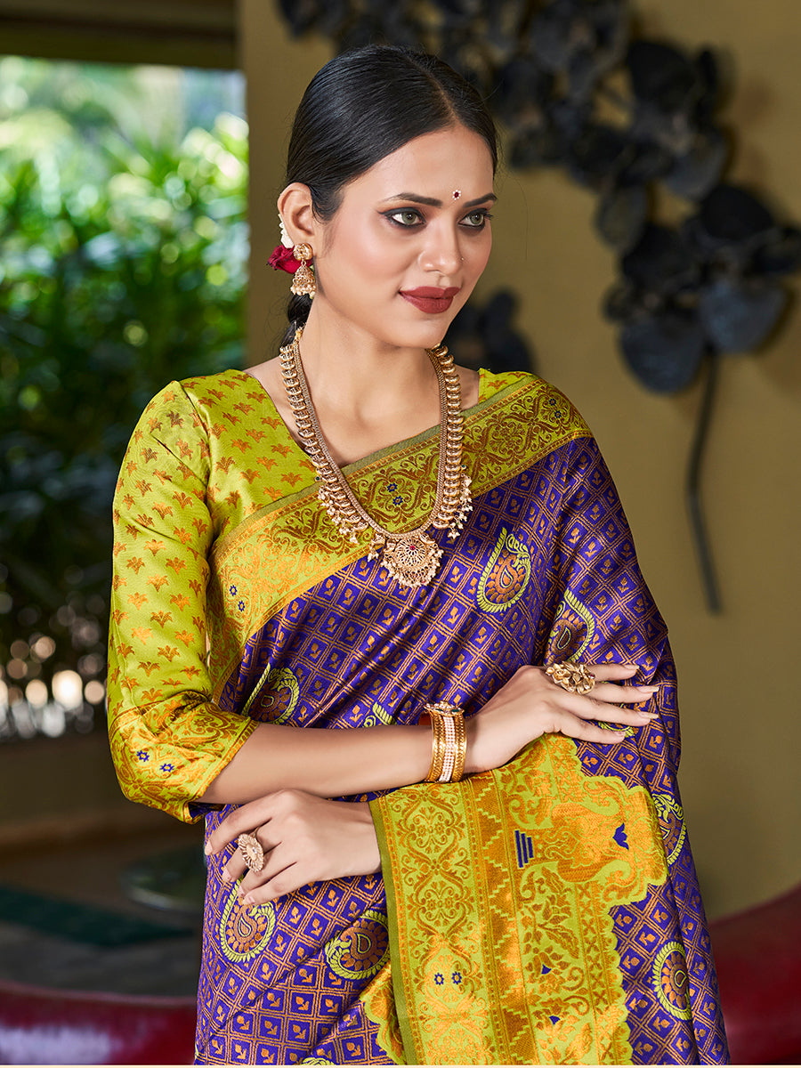 Navy Blue & Yellow Banarasi Silk Zari Woven Wedding Saree