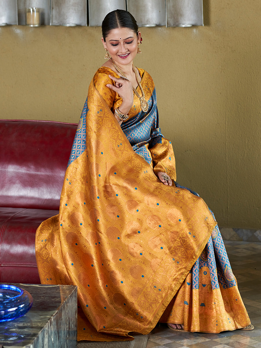 Teal Blue & Yellow Banarasi Silk Zari Woven Wedding Saree