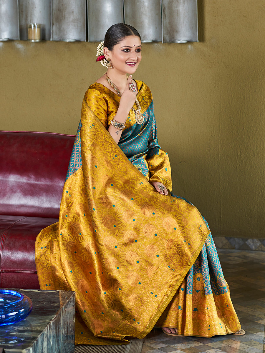 Teal Blue & Yellow Banarasi Silk Zari Woven Wedding Saree