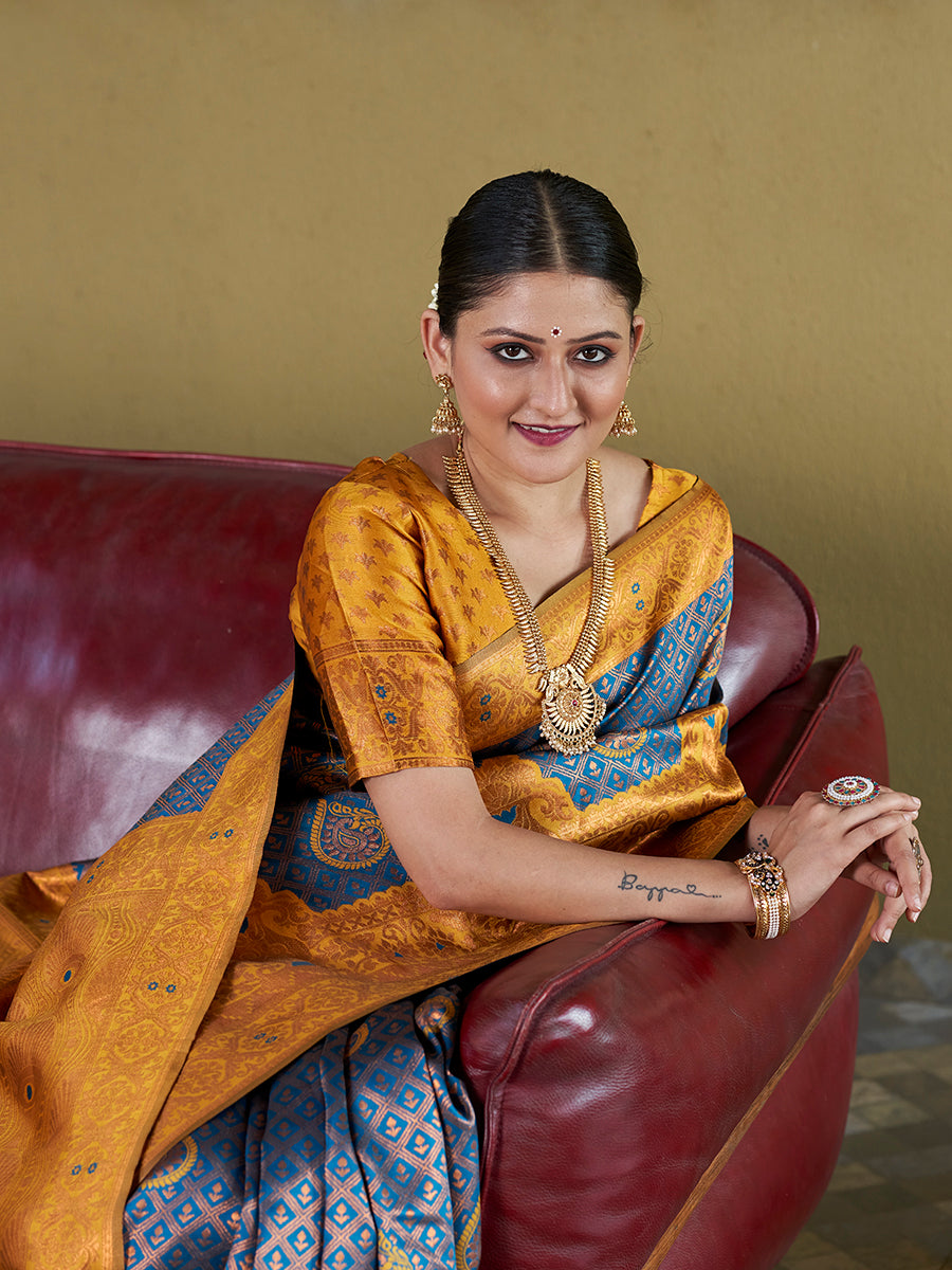 Teal Blue & Yellow Banarasi Silk Zari Woven Wedding Saree