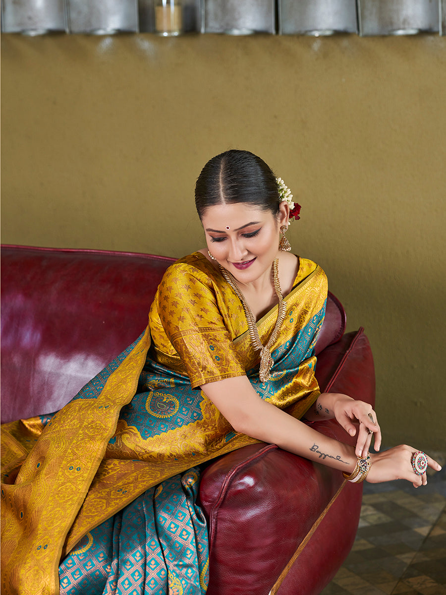 Teal Blue & Yellow Banarasi Silk Zari Woven Wedding Saree