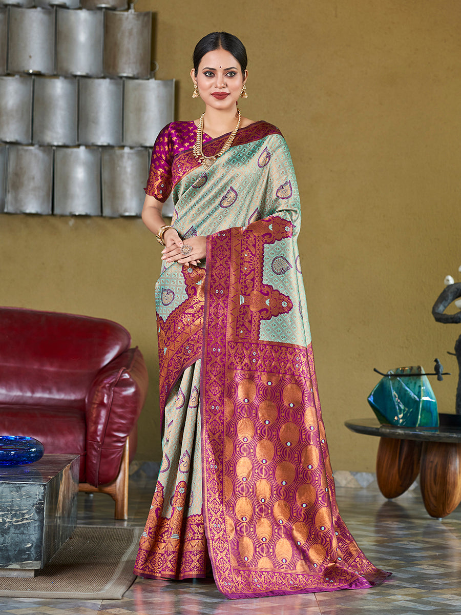 Sea Green & Purple Banarasi Silk Zari Woven Wedding Saree