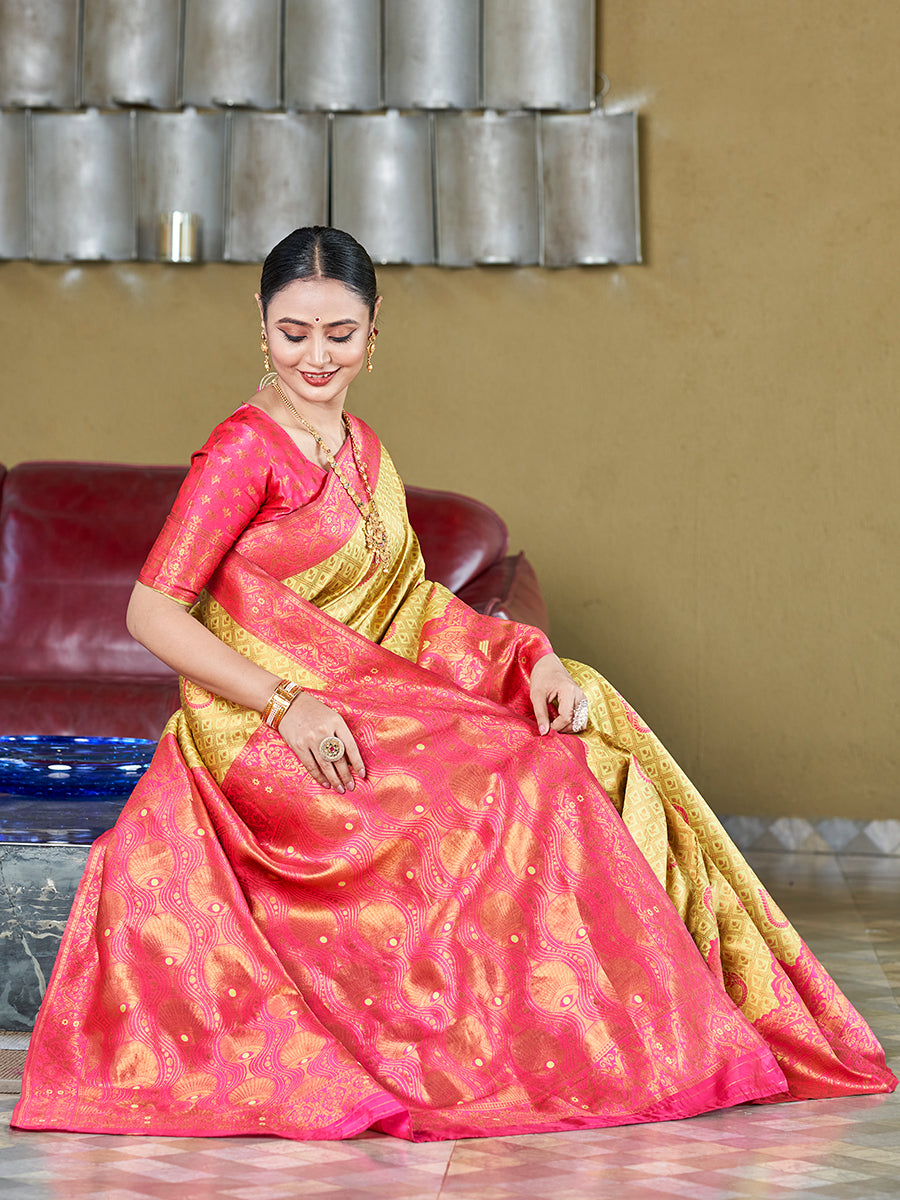 Yellow & Pink Banarasi Silk Zari Woven Wedding Saree
