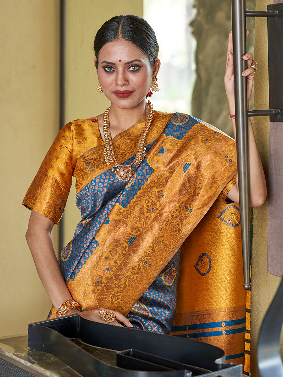 Blue & Yellow Banarasi Silk Zari Woven Wedding Saree