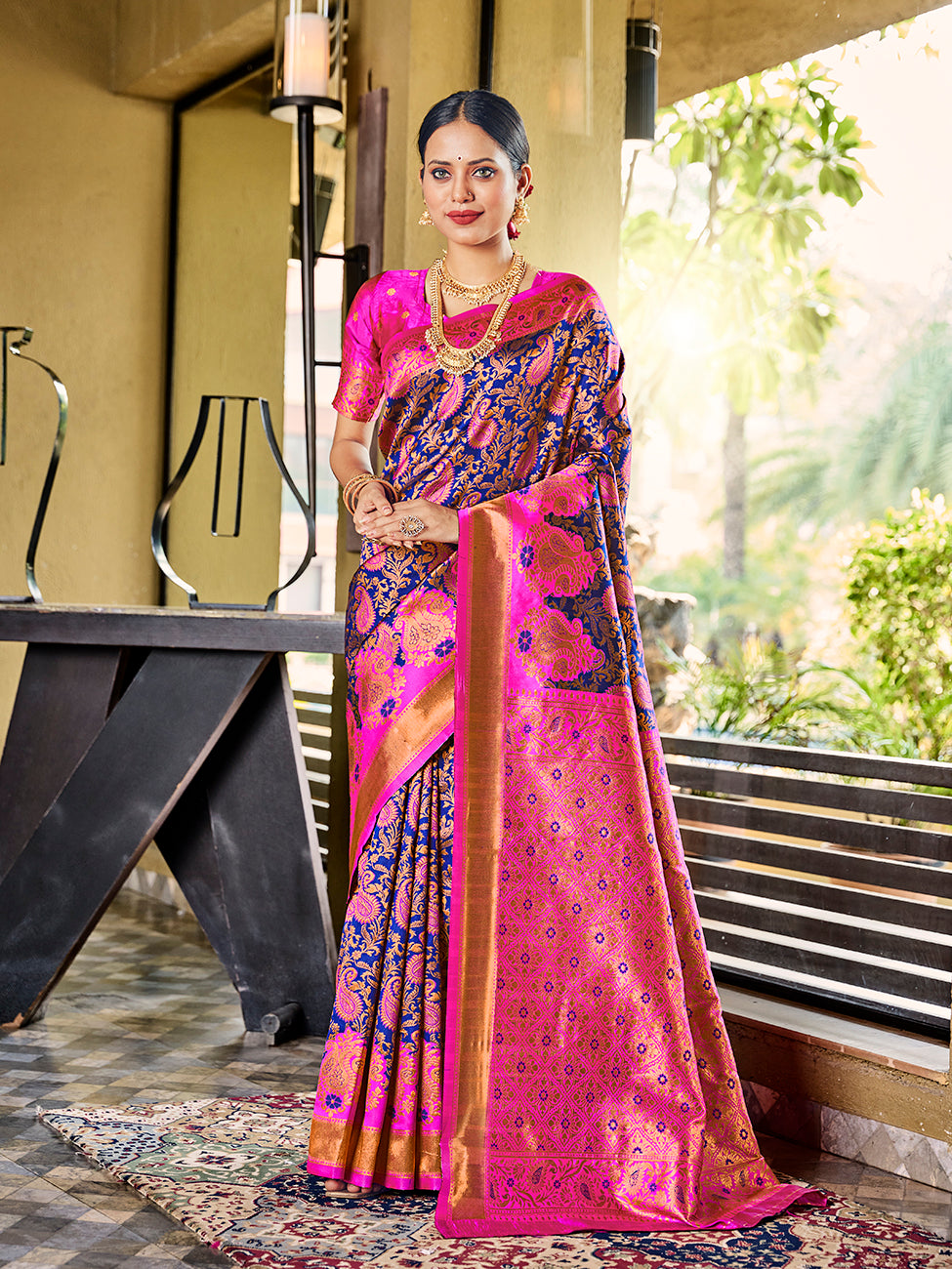 Blue & Pink Banarasi Silk Zari Woven Wedding Traditional Saree