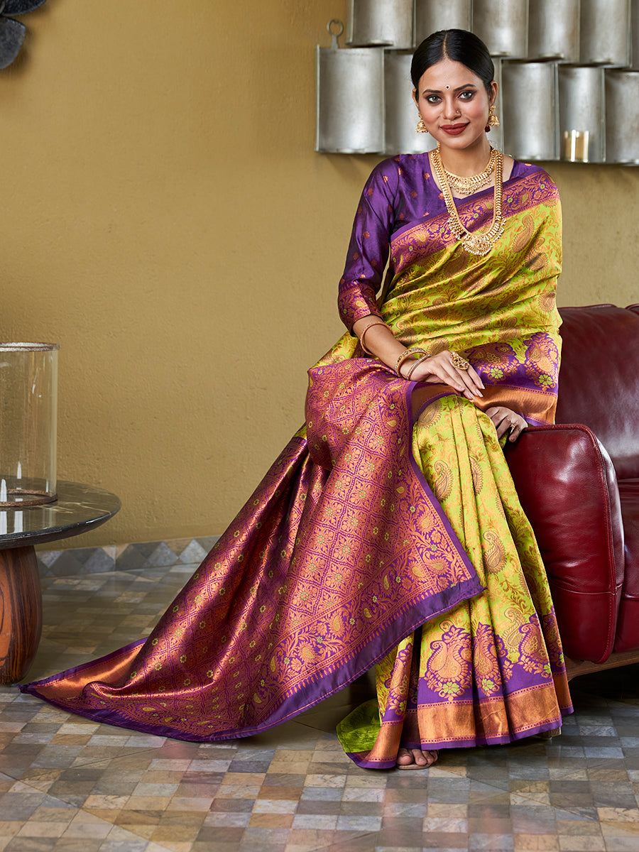Lemon Green & Purple Banarasi Silk Zari Woven Wedding Traditional Saree