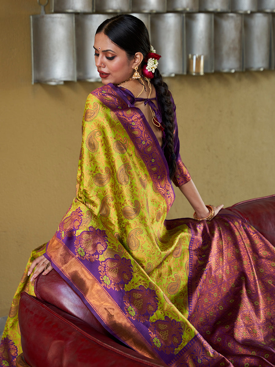 Lemon Green & Purple Banarasi Silk Zari Woven Wedding Traditional Saree