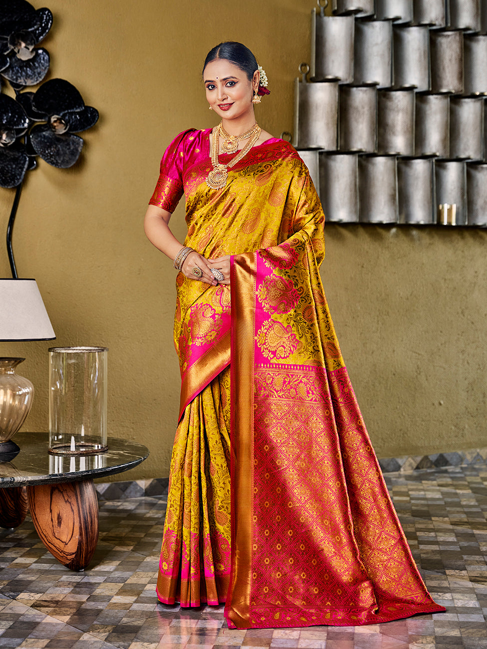 Mustard & Pink Banarasi Silk Zari Woven Wedding Traditional Saree