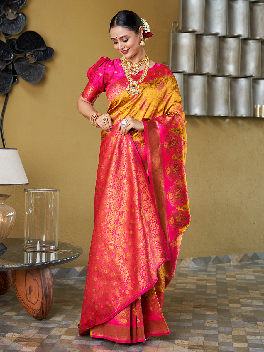Mustard & Pink Banarasi Silk Zari Woven Wedding Traditional Saree