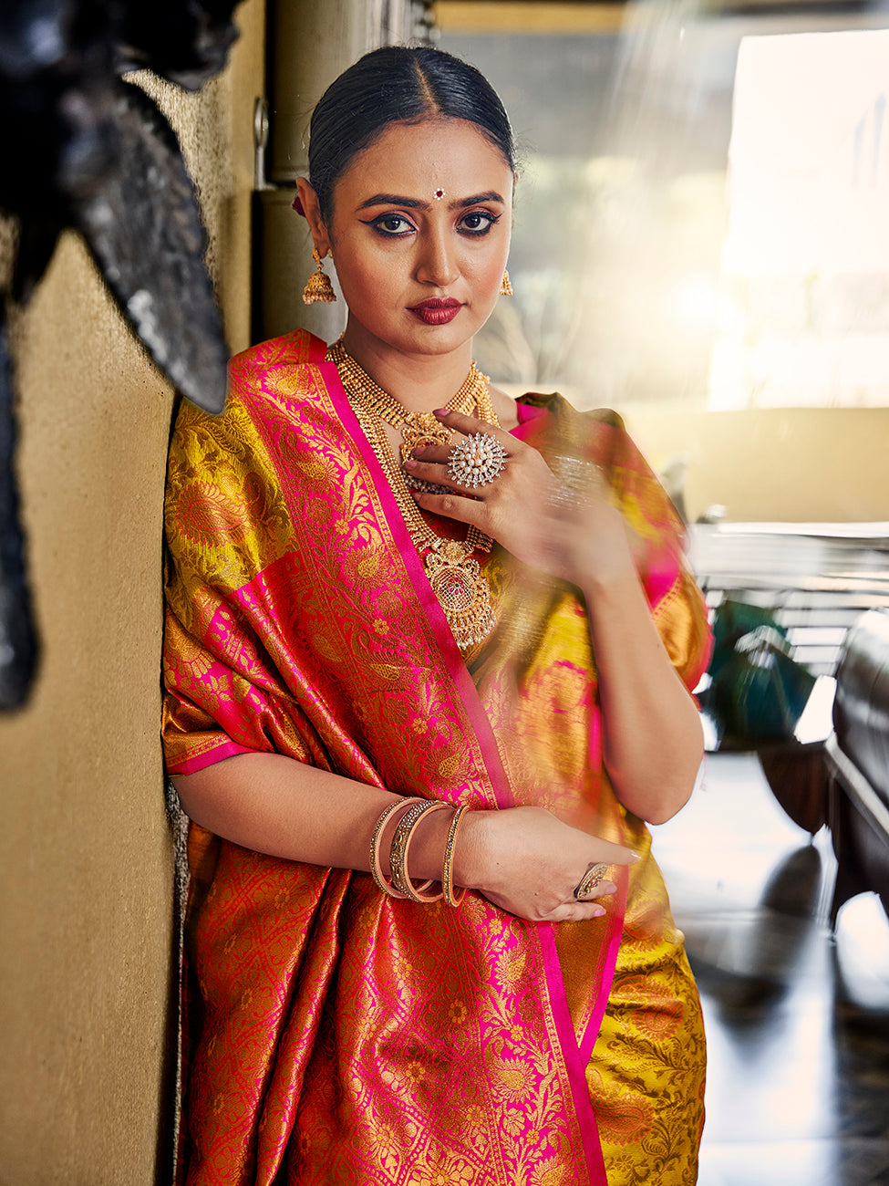 Mustard & Pink Banarasi Silk Zari Woven Wedding Traditional Saree