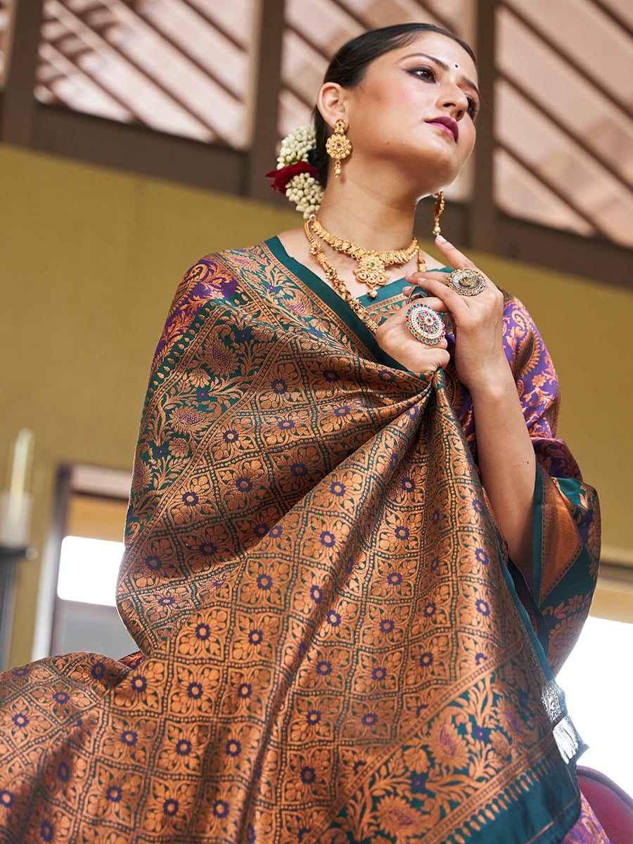 Teal Blue Banarasi Silk Zari Woven Wedding Traditional Saree