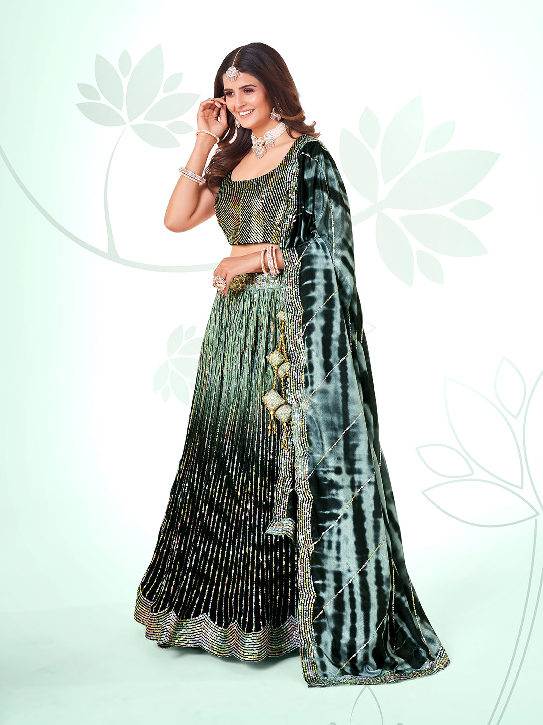 Black & Green Navratri Special Chinon Silk Lehenga Choli