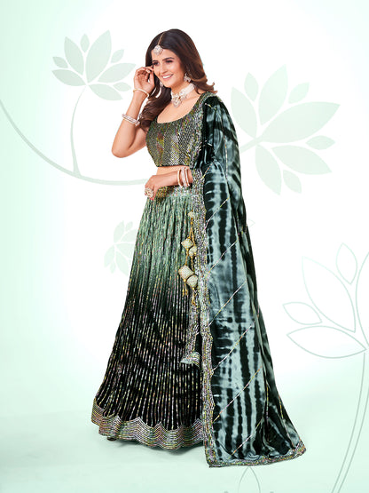 Black & Green Navratri Special Chinon Silk Lehenga Choli