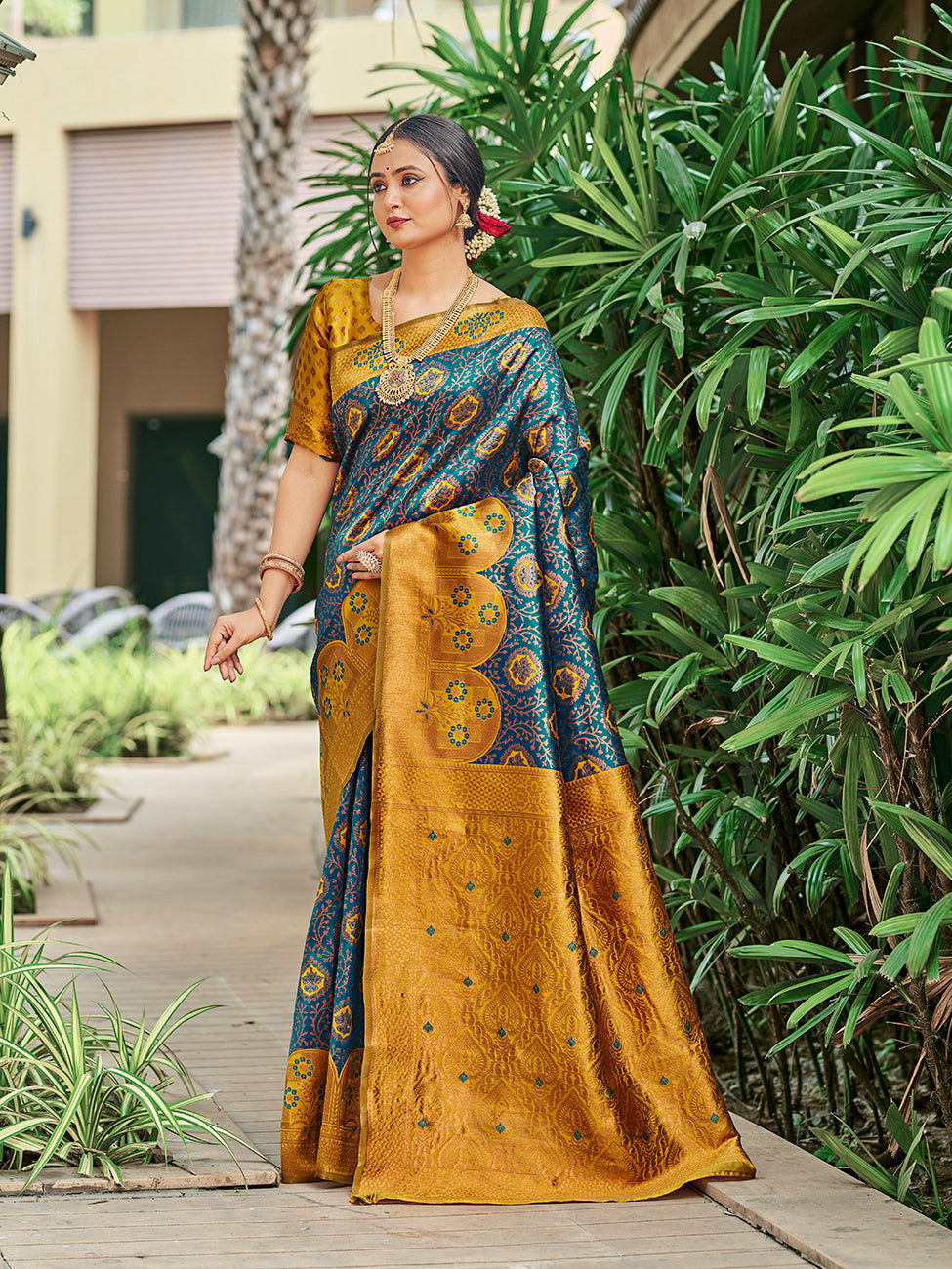 Teal Blue & Yellow Zari Woven Wedding Banarasi Silk Saree