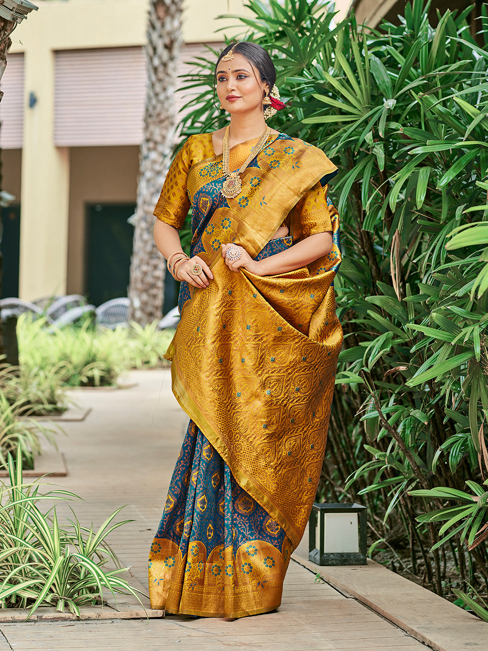 Teal Blue & Yellow Zari Woven Wedding Banarasi Silk Saree