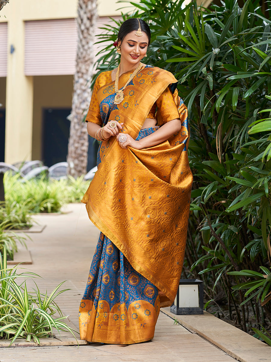 Teal Blue & Yellow Zari Woven Wedding Banarasi Silk Saree