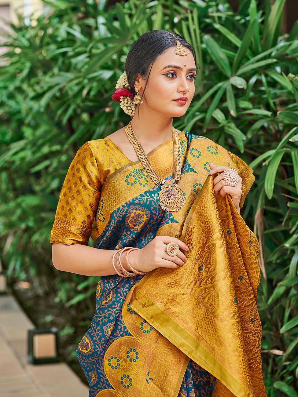 Teal Blue & Yellow Zari Woven Wedding Banarasi Silk Saree