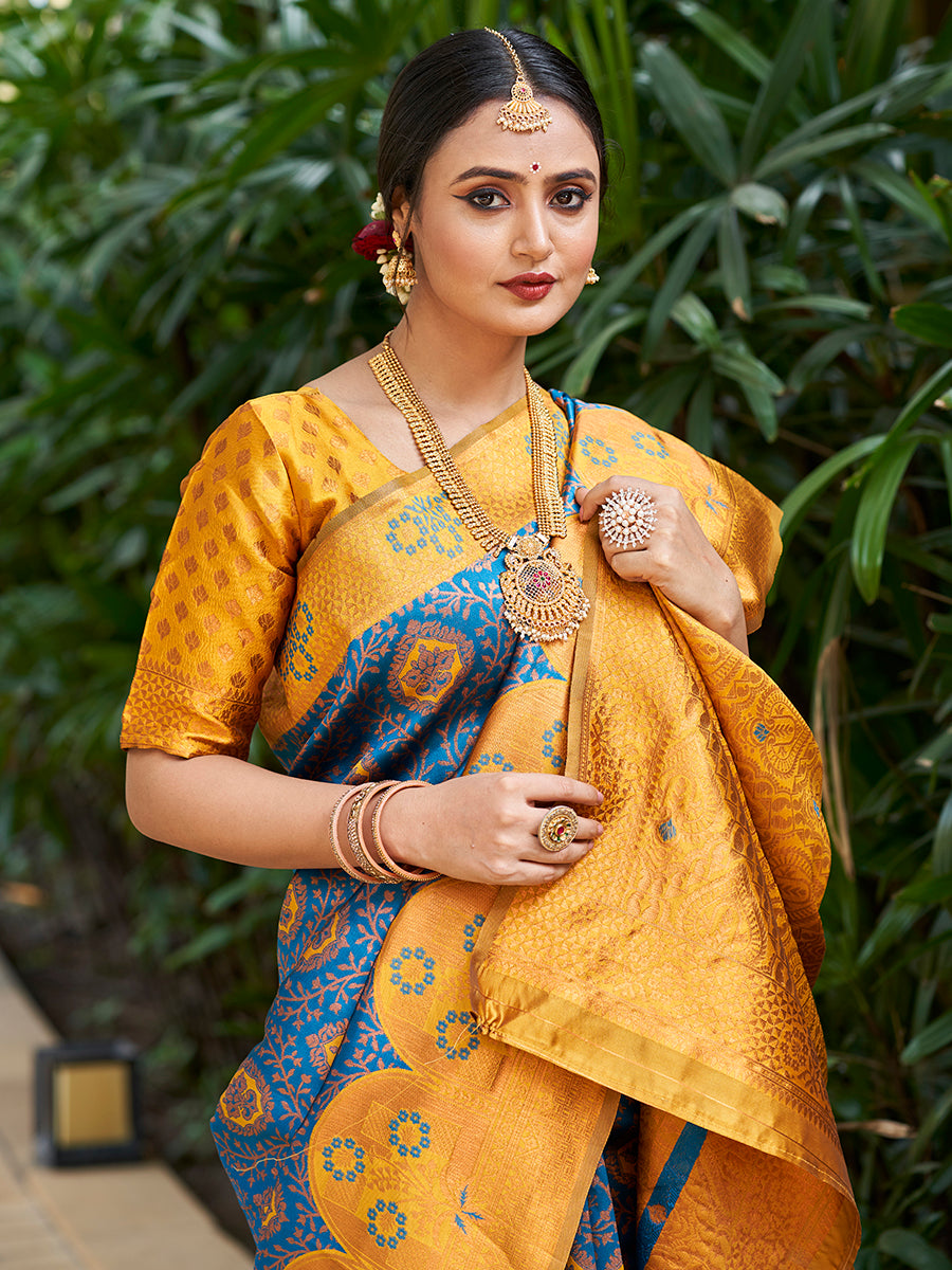 Teal Blue & Yellow Zari Woven Wedding Banarasi Silk Saree