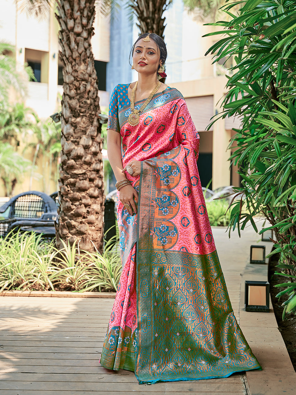 Pink & Blue Zari Woven Wedding Banarasi Silk Saree