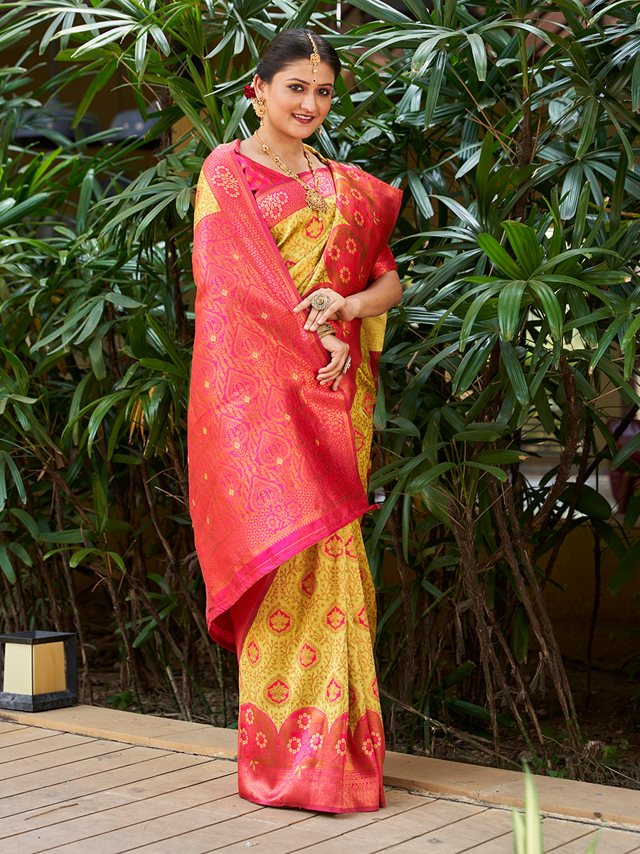 Lemon Green & Pink Zari Woven Wedding Banarasi Silk Saree