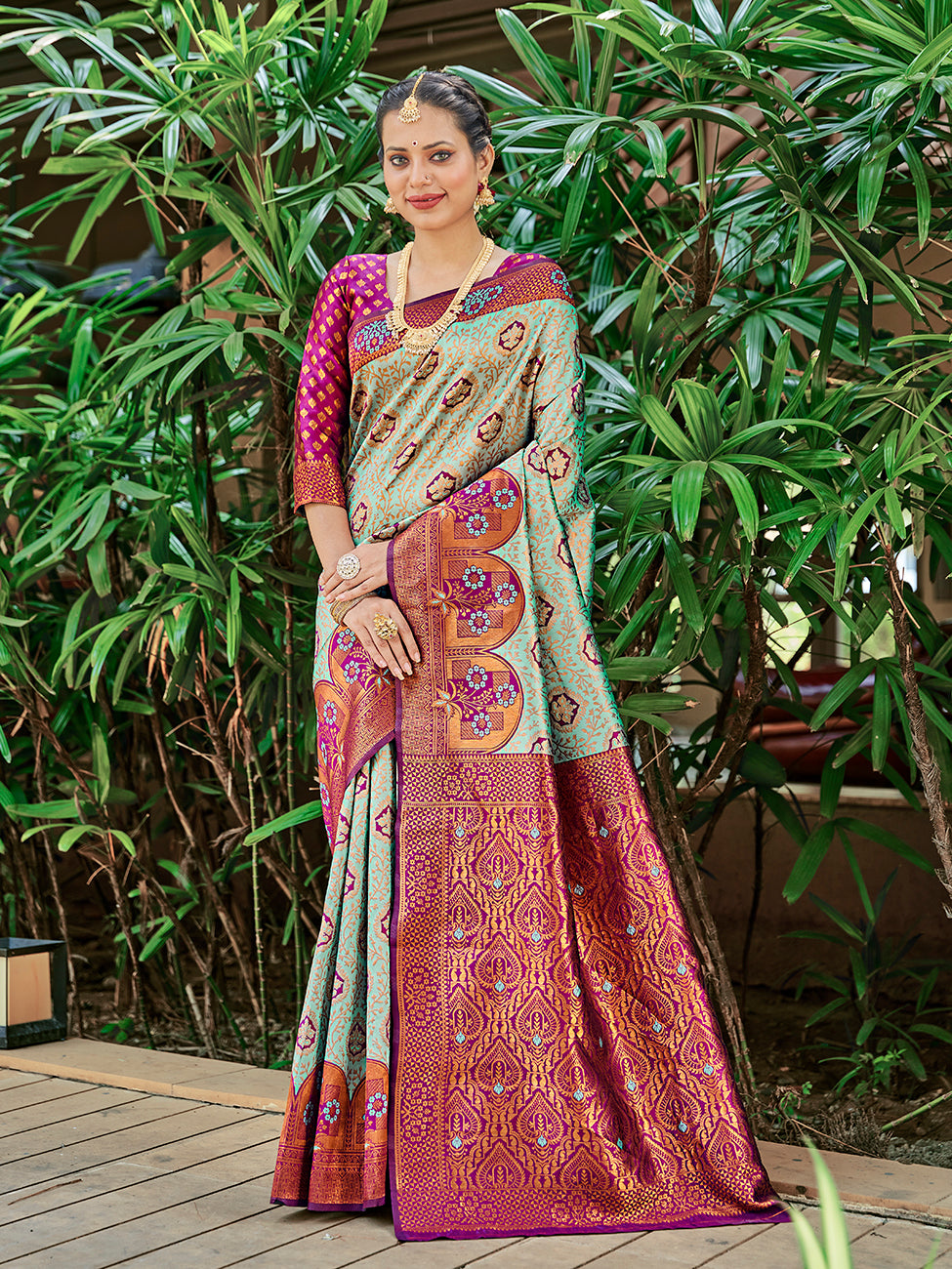 Sea Green & Purple Zari Woven Wedding Banarasi Silk Saree