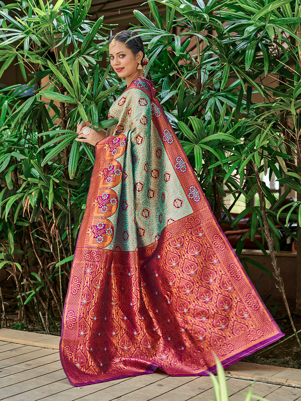 Sea Green & Purple Zari Woven Wedding Banarasi Silk Saree