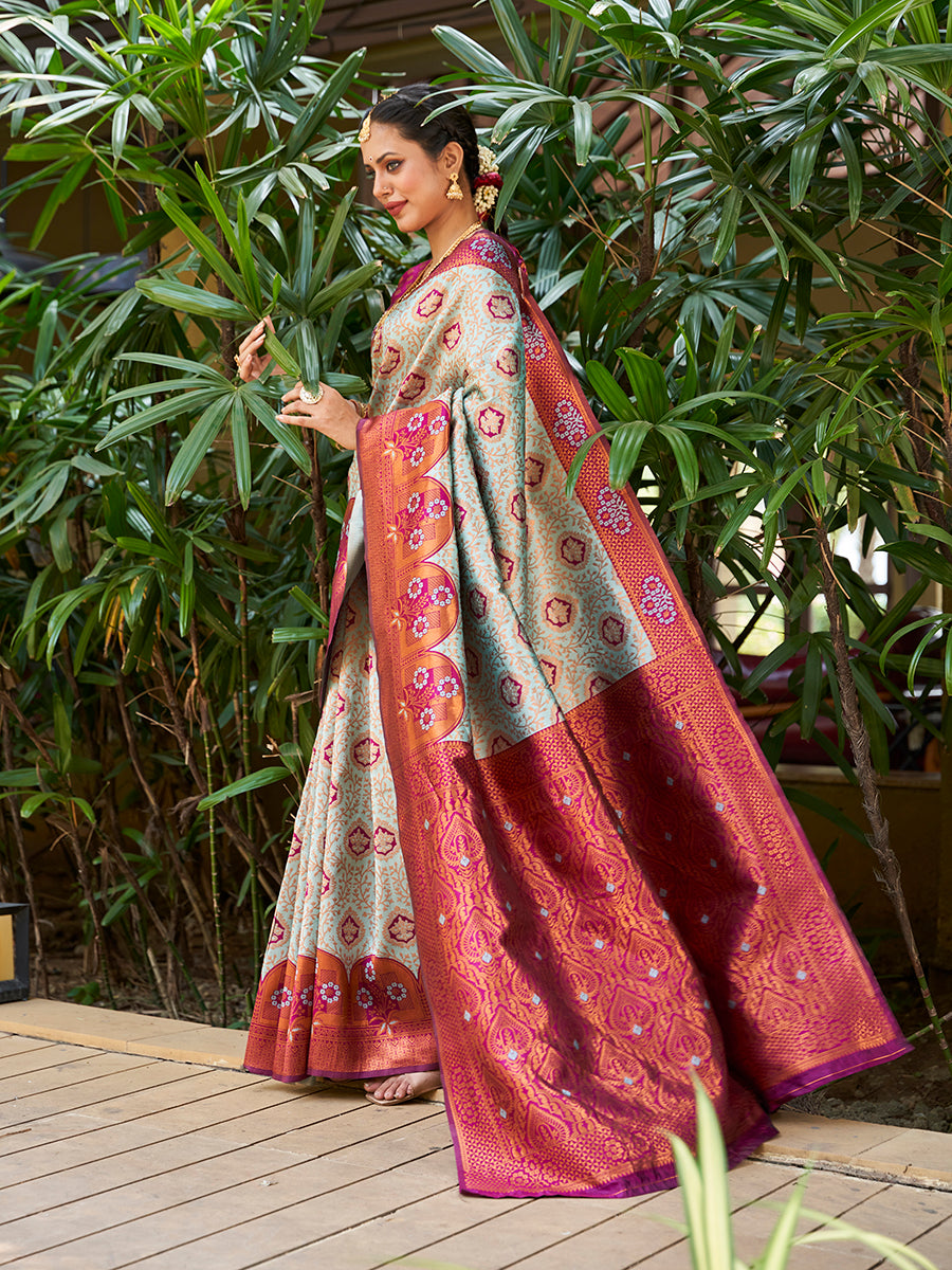 Sea Green & Purple Zari Woven Wedding Banarasi Silk Saree