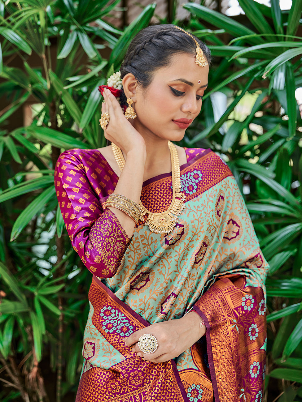 Sea Green & Purple Zari Woven Wedding Banarasi Silk Saree