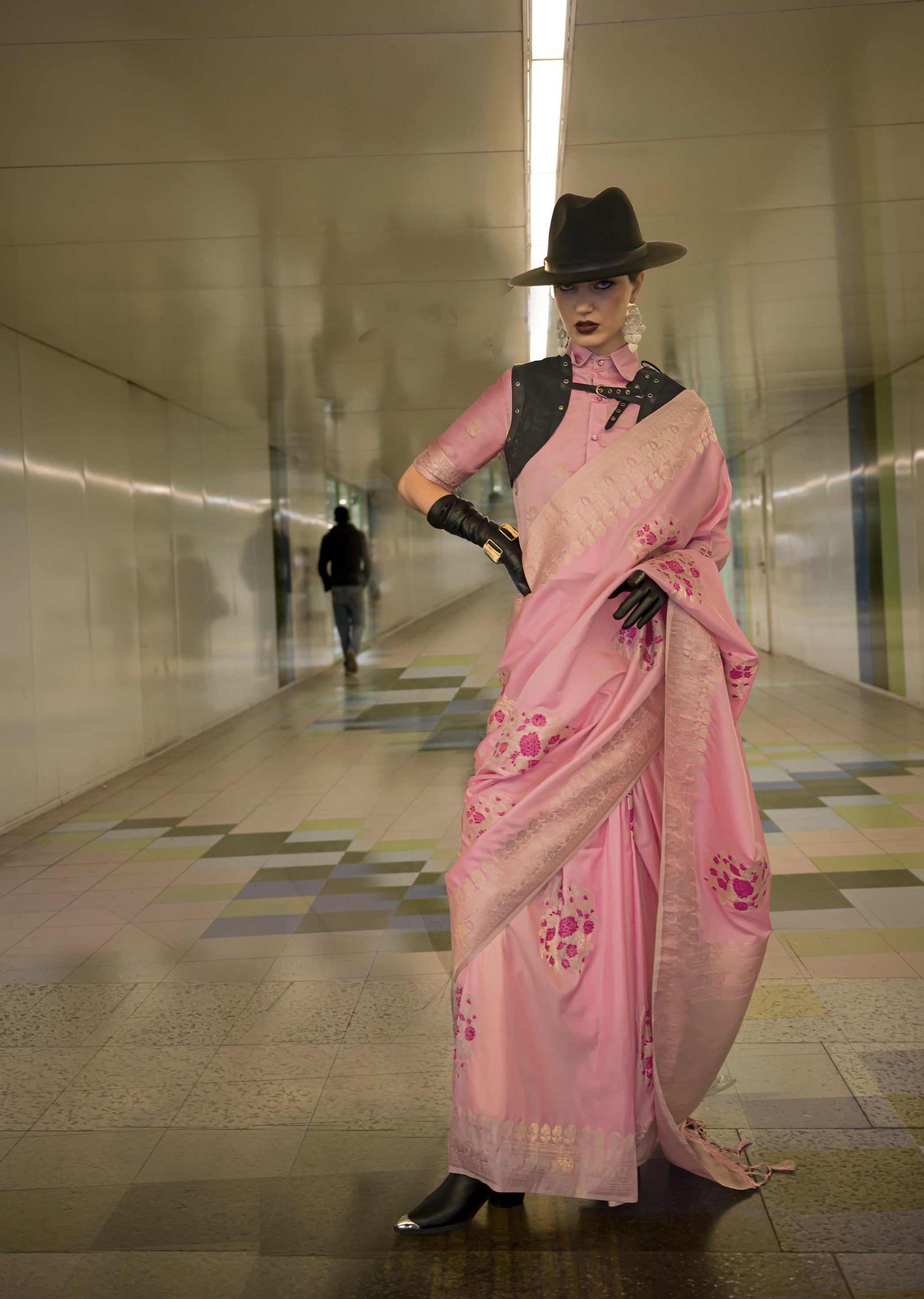 Rose Pink Katan Silk Handloom Woven Designer Saree