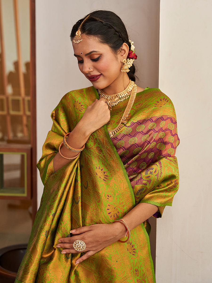 Mauve & Green Zari Woven Wedding Banarasi Silk Saree