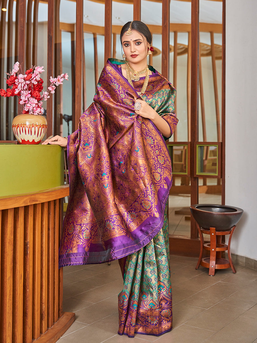 Rama & Purple Zari Woven Wedding Banarasi Silk Saree