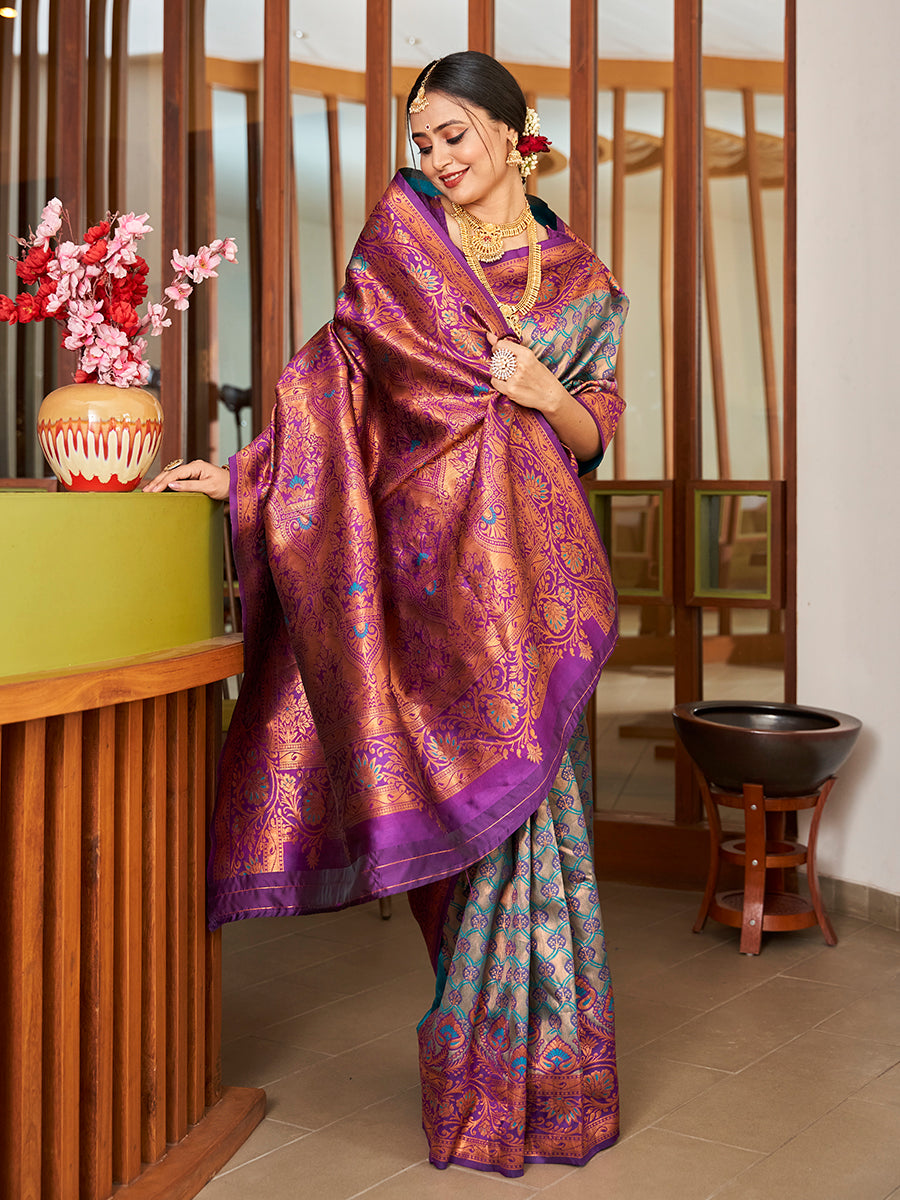 Rama & Purple Zari Woven Wedding Banarasi Silk Saree