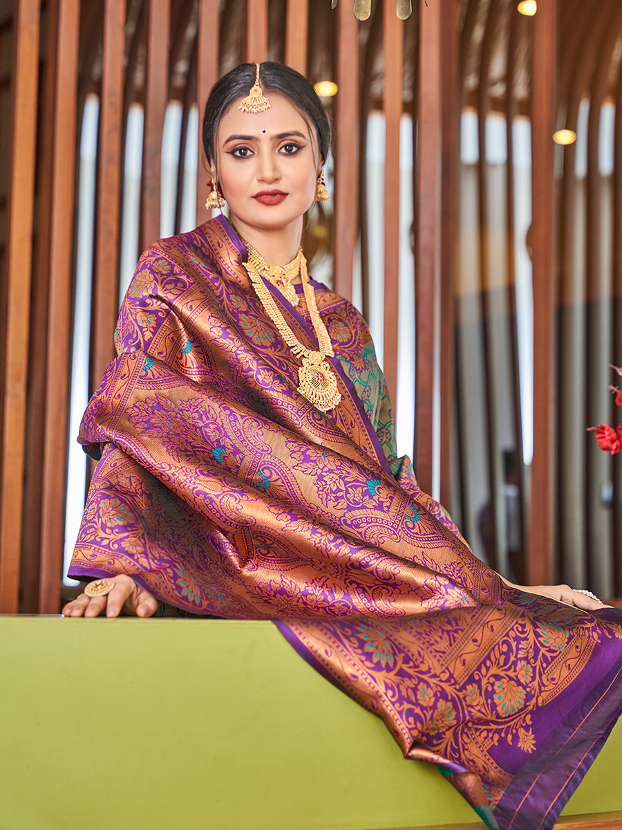 Rama & Purple Zari Woven Wedding Banarasi Silk Saree