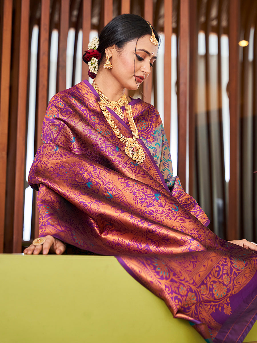 Rama & Purple Zari Woven Wedding Banarasi Silk Saree