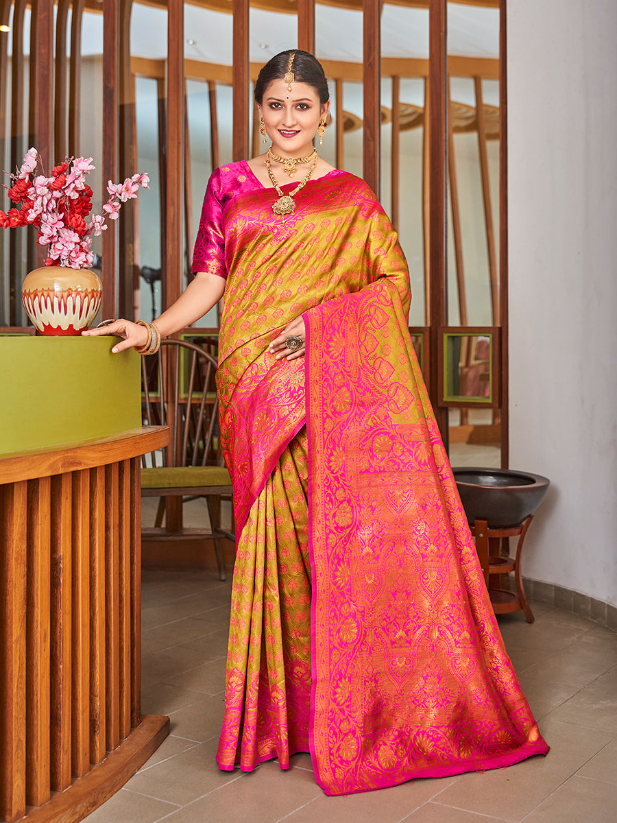 Mustard & Pink Zari Woven Wedding Banarasi Silk Saree