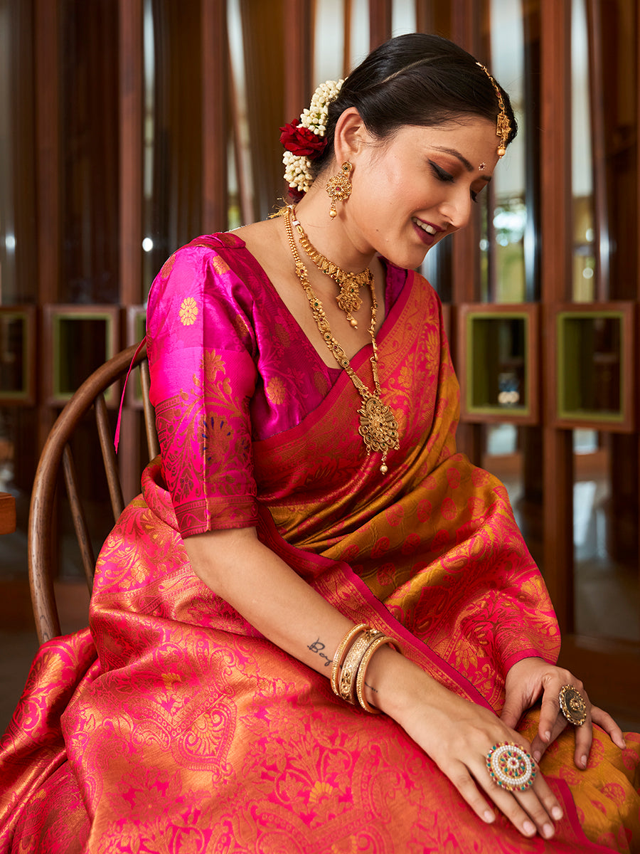 Mustard & Pink Zari Woven Wedding Banarasi Silk Saree