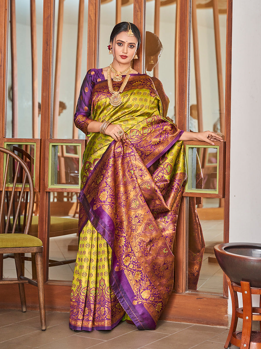 Yellow & Purple Zari Woven Wedding Banarasi Silk Saree